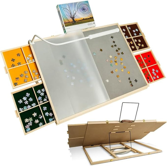 CLEAZY 1500-Piece Wooden Puzzle Table with 360° Rotating Lazy Susan, Adjustable Tilt Stand, 4 Storage Drawers & LED Lamp - Portable Board with Cover