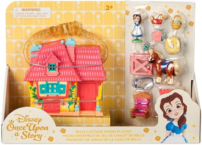 Disney Store Official Princess Micro Toy Set – Beauty & The Beast – Set Includes Micro Figures of Belle, Philippe, & her Cottage – Portable Playset with Handle – Perfect for Fans of Disney Princesses