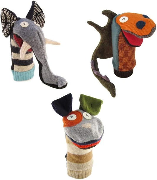 Cate & Levi - Hand Puppet - Premium Reclaimed Wool - Handmade in Canada - Montessori Toys for 1 Year Old (Set of 3 - Elephant, Dog, Dragon)