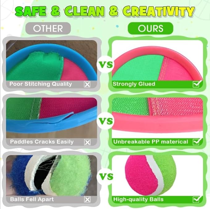 Outdoor Toy Toss Catch Ball: Upgraded Kid Outside Toy Game Beach Backyard Lawn Sport Activity Fun Outside Indoor Family Toy for Age 3-12 Girl Boy Kid Birthday Gift with 6 Sticky Paddles 4 Throw Balls