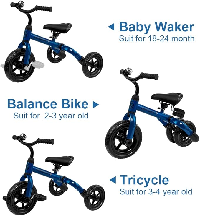 YGJT 3 in 1 Tricycle for Toddlers Age 2-5 Years Old, Folding Kids Balance Bikes with Adjustable Seat and Removable Pedal, Ride-on Toys for Infant, Gift for Baby Boys Girls Birthday(Blue)