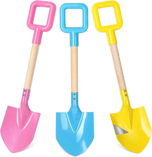Dsmile 3Pcs Long Beach Shovels 16" Metal Kids Beach Spades Sand Shovels Toys with Wood Handle for Digging Shoveling Snow Sandbox Toys Set for Kids & Adults