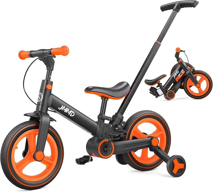 JMMD Toddler Bike with Push Handle for Kids 18-60 Months, 6 in 1 Foldable Push Bike with Training Wheels, Pedals, Brakes, Kickstand, Kid Balance Bike Gift & Toys for Boy & Girl