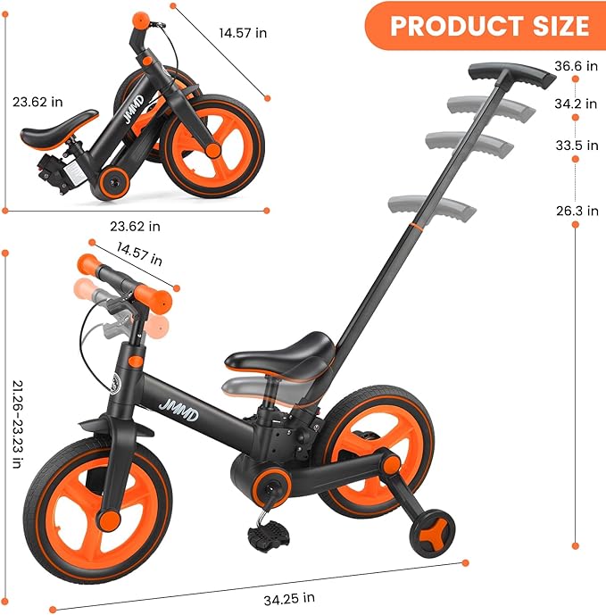 JMMD Toddler Bike with Push Handle for Kids 18-60 Months, 6 in 1 Foldable Push Bike with Training Wheels, Pedals, Brakes, Kickstand, Kid Balance Bike Gift & Toys for Boy & Girl
