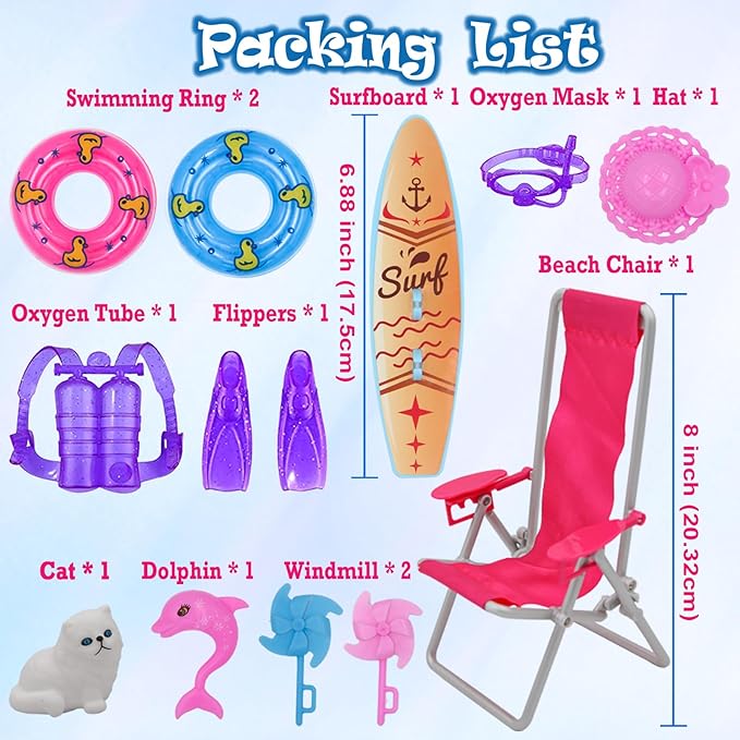 EuTengHao 36Pcs Girl Dolls Clothes Swimsuit Bikini for 11.5 inch Girl Dolls, Doll Bikini and Accessories with Diving Swimming Set Lifebuoys Beach Chair Skateboard Dolphins