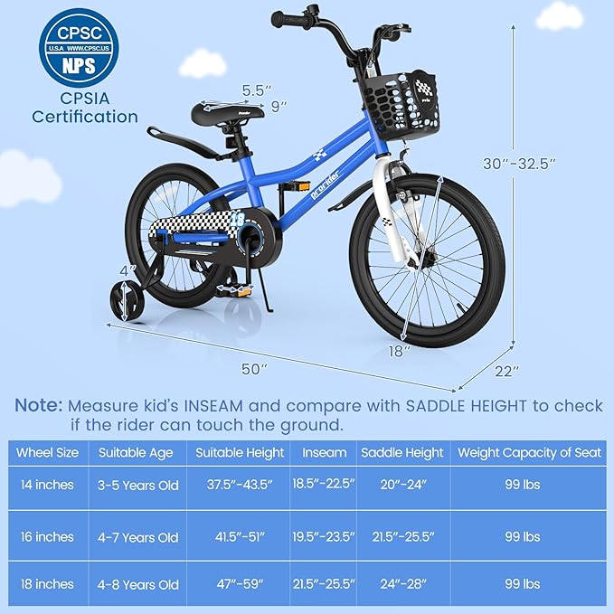 BABY JOY Kids Bike, 12 14 16 18 Inch Children Bikes for Boys Girls Age 3-8 Years w/Training Wheels, Handbrake, Coaster Brake & Removable Basket, Kids Bicycle of Multiple Colors