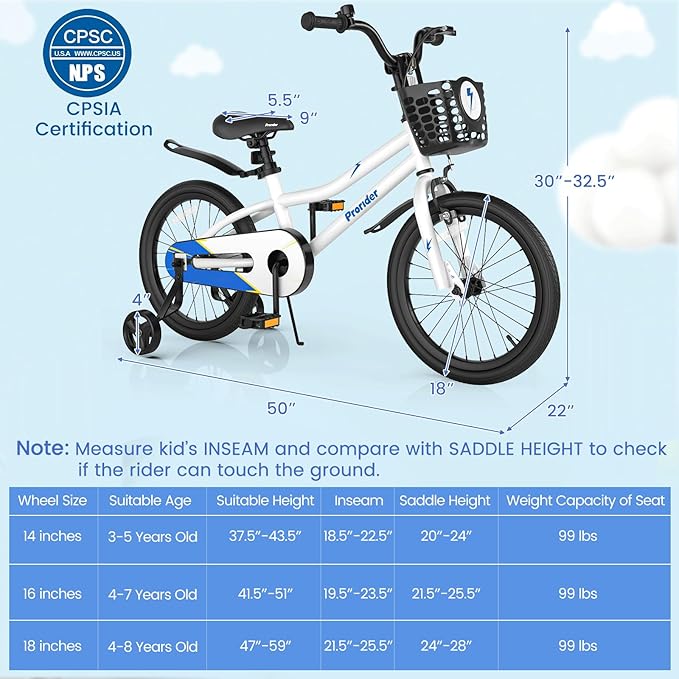 BABY JOY Kids Bike, 12 14 16 18 Inch Children Bikes for Boys Girls Age 3-8 Years w/Training Wheels, Handbrake, Coaster Brake & Removable Basket, Kids Bicycle of Multiple Colors
