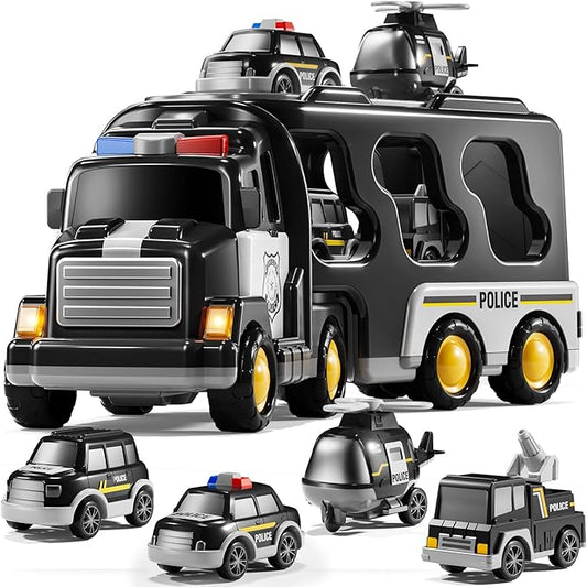 5 in 1 Police Car Carrier Truck Toy for Kids Ages 4-8, Police Truck with Light and Sound, Transporting Vehicle Boy Trucks Toy Sets, Kids Toys 3-5, Birthday Gifts for Boys Girls Aged 4-6 5-7