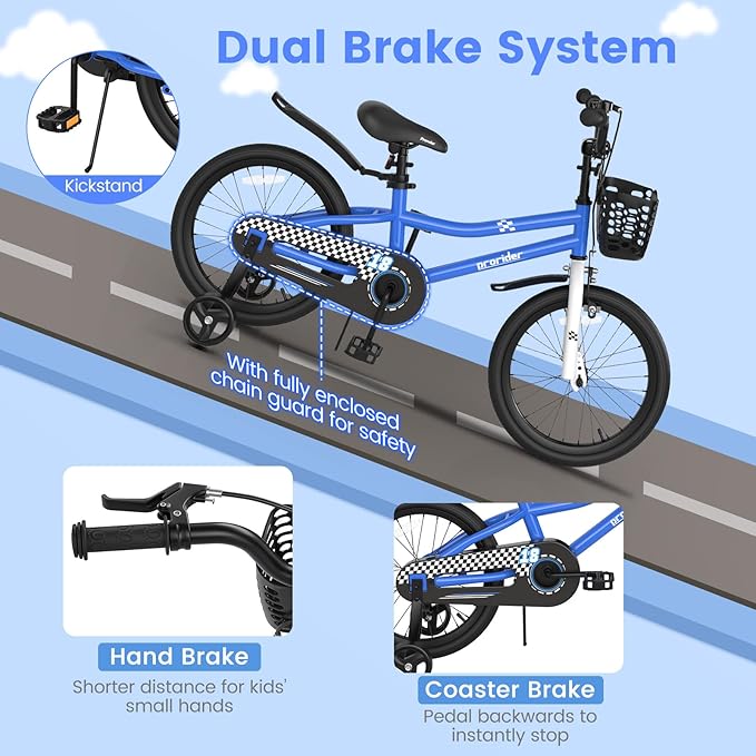BABY JOY Kids Bike, 12 14 16 18 Inch Children Bikes for Boys Girls Age 3-8 Years w/Training Wheels, Handbrake, Coaster Brake & Removable Basket, Kids Bicycle of Multiple Colors
