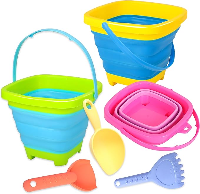 Collapsible Beach Sand Bucket 3 Packs Foldable Buckets Set with Shovels & Mesh Bag Collapsible Beach Toys for Kids Summer Sand Buckets for Kids Cruise Beach Essentials