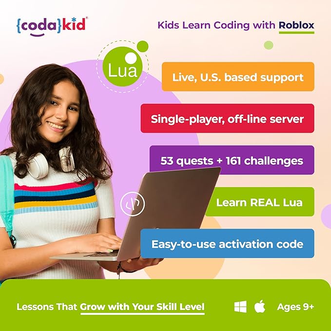 CodaKid Roblox Coding, Award-Winning, Coding for Kids, Ages 9+ with Online Mentoring Assistance, Learn Computer Programming and Code Fun Games with Lua and Video Game Programming Software (PC & Mac)