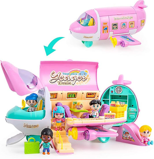 iPlay, iLearn Airplane Dollhouse Playset for Girls 3-5, Kids Pretend Play Doll House Set W/ Pink Plane, Dolls, Travel Accessories, Birthday Gifts for 4 5 6 Year Olds Children Toddlers