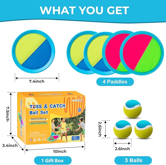 Kids Toys - Outdoor Games, Beach Toys, Toss and Ball Set with 4 Paddles and 3 Balls, Perfect Beach Games Sets Playground Sets for Backyards Easter Gifts for Kids/Adults/Family (Blue+Light Yellow)