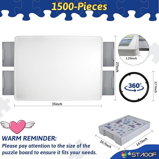 Puzzle Board, 1500 Pieces Plastic Rotating Puzzle Board with 4 Drawers and Protective Cover - 35"x27" Portable Jigsaw Puzzle Table for Adults - 360° Lazy Susan Spinning, Ideal Gift for Mom