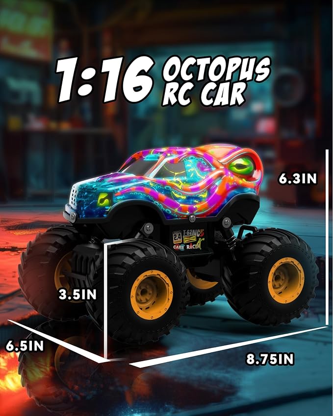Kraken Monster Truck RC Car, Entry-Level Remote Control Car for Kids Aged 4-8, 1:16 Scale with LED Lights (Low-Speed Safety), 2.4GHz Truck Toys, Birthday Gift for 5 6 7 Year Old Boys