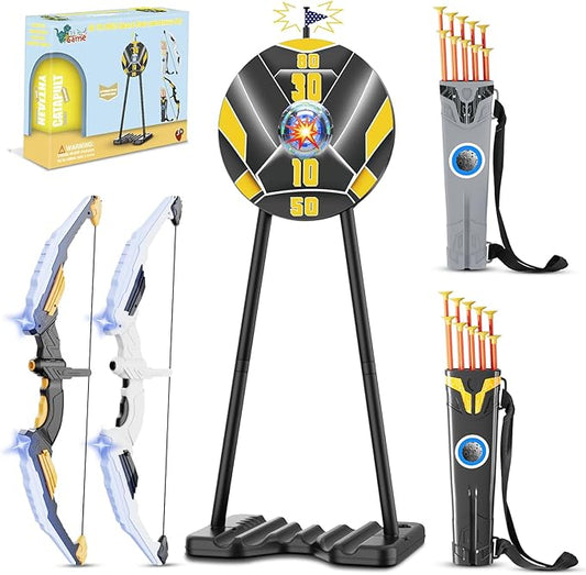 TIGTECGAME 2 Pack Bow and Arrow for Kids, LED Light Up Archery Set with 20 Suction Cup Arrows, 1 Standing Target with Flag Score, Indoor Outdoor Play Sport Toys Gifts for Kids, Boys & Girls Ages 3-12