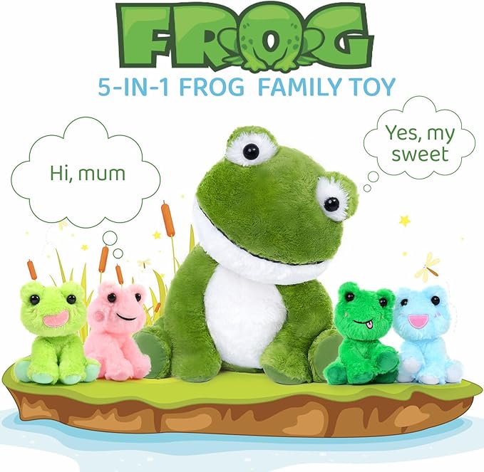 MorisMos Big Frog Stuffed Animal Plush Toys,Large Green Mommy Frog Toy and 4 Baby Toads for Kids,Cute Plush Toad Toys,Soft Green Stuffed Animals Gift for Girls Boys Christmas Baby Shower Birthday