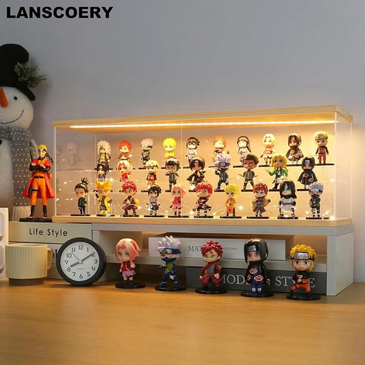 LANSCOERY LED Lighted Acrylic Display Case, 3 Tier Display Box for Collectibles and Action Figures, Clear Dustproof Organizer with Wooden Base – 23x6.5x7.4inch