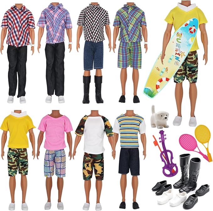 EuTengHao 25Pcs Doll Clothes and Accessories for 12 Inch Boy Dolls Includes 16 Different Wear Clothes Shirt Jeans Pants Shoes for 12'' Boyfriend Doll with Dog,2 Tennis Racket,Violin and Surfboard