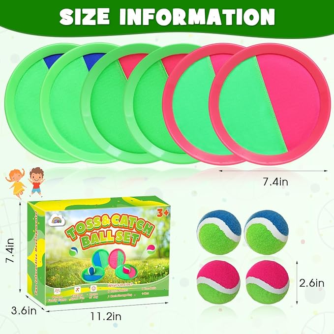 Outdoor Toy Toss Catch Ball: Upgraded Kid Outside Toy Game Beach Backyard Lawn Sport Activity Fun Outside Indoor Family Toy for Age 3-12 Girl Boy Kid Birthday Gift with 6 Sticky Paddles 4 Throw Balls