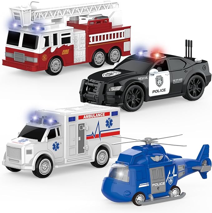 COVTOY 4 Pack Emergency Vehicles with Lights & Siren Sounds - Fire Truck, Ambulance, Police Car & Helicopter - Friction Powered Toys for Boys 3-6