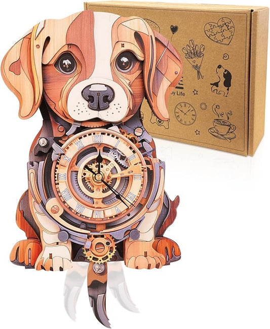 Cutywood 3D Puzzles for Adults Clock-Beagle Design Model Kit-Mechanical DIY Pendulum Clock with Roman Numerals-Desk Home Office Decor Personalized Gift for DIY Lovers