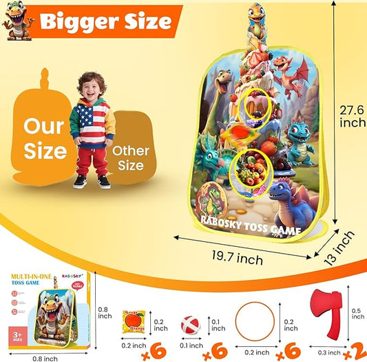 RaboSky 4-in-1 Dinosaur Bean Bag Toss Game for Kids Ages 3-5 4-8, Big Birthday Party Gifts & Fun Outdoor Activities for Boys, Toddlers with 6 Fruit Beanbags, 6 Rings, 6 Sticky Balls & 2 Axes