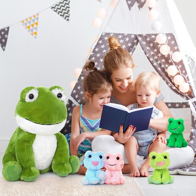 MorisMos Big Frog Stuffed Animal Plush Toys,Large Green Mommy Frog Toy and 4 Baby Toads for Kids,Cute Plush Toad Toys,Soft Green Stuffed Animals Gift for Girls Boys Christmas Baby Shower Birthday