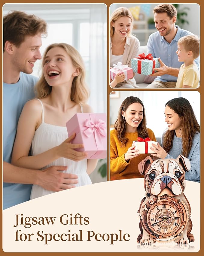 3D Wooden Puzzles for Adults, 3D Puzzles Bulldog Clock(with Pendulum) 32Pcs, Beginners Wooden Puzzle for Adults Teens Home Wall Decor Clock Crafts for Adult Puzzle Gift for Women Men