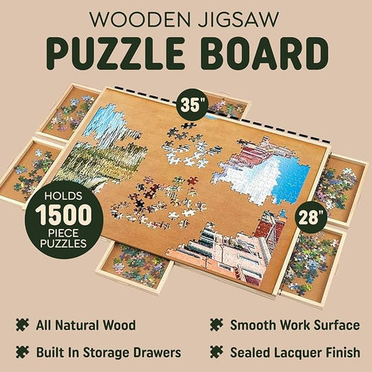 1500 Piece Wooden Jigsaw Puzzle Board - 6 Drawers, Preassembled Rotating Puzzle Table | 35” X 28” Jigsaw Puzzle Board | Puzzle Cover Included - Portable Tables for Adults and Kids