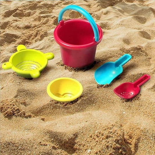 HABA Sand Toys Basic Set - 5 Piece Bundle with Plastic Pail, Sieve, Mold, Scoop and Sifting Shovel Sized just for Toddlers Ages 18 Months +