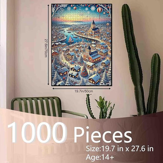 Xmas Town 1000 Piece Jigsaw Puzzles for Adults and Beginner Snow House Lakeside Puzzles Puzzle Challenging Family Activity Games Puzzle for Home Decor Gifts 20×27 Inches