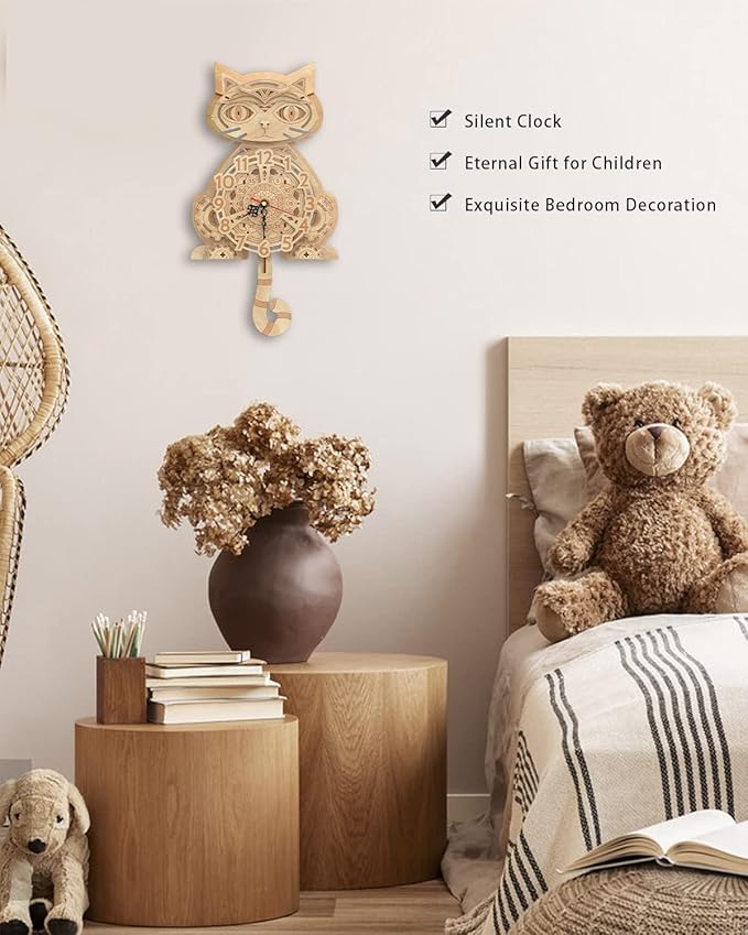 Wooden 3D Puzzles for Adults Model kit Cat Clock Kids Wall Clock Decor for Birthday Gift/Christmas Day