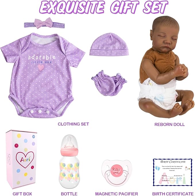 Aori Reborn Baby Dolls Black Girl - 18-inch Realistic Baby Dolls, Lifelike Soft Vinyl Black American Doll, Nice Gift for Kids, Pre-Parents, Grand-Parents, Doll Collectors