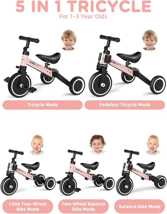 XJD 5 in 1 Toddler Bike, Tricycle for Toddlers 1-3 with Adjustable Seat Height, Removable Pedals, Ideal Balance Bike Birthday Gifts and Toys for Boys and Girls