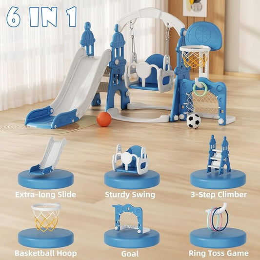XJD 6-in-1 Toddler Slide and Swing Set, Kids Slide for Toddlers Age 1+, Toddler Outdoor Playset with Basketball Hoop, Football Frame, Swing, Outdoor Indoor Playground for Toddlers 1-3 (Blue)