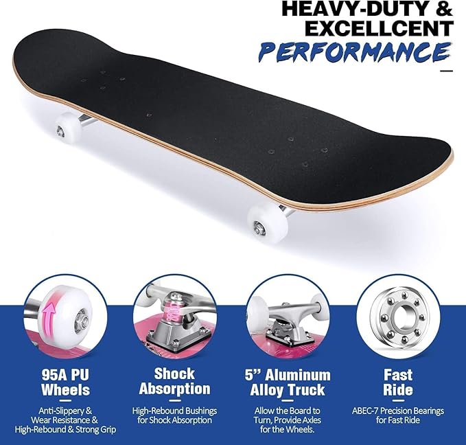 Skateboards for Beginners Kids Boys Girls and Adults 31"x8" Pro Complete Skateboard 8 Layers Maple Wood, Double Kick Concave, Fascinating Cool, Solid&Durable