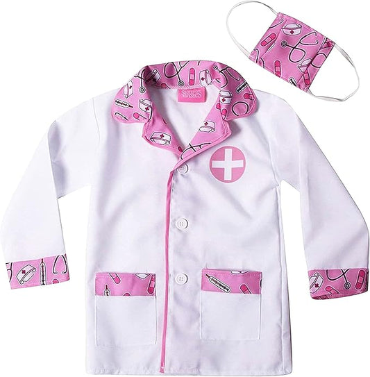 Kids Doctor Coat & Mask for Kids Doctor Costume | Kids Doctor Coat | Pink and White - For Ages 2-10