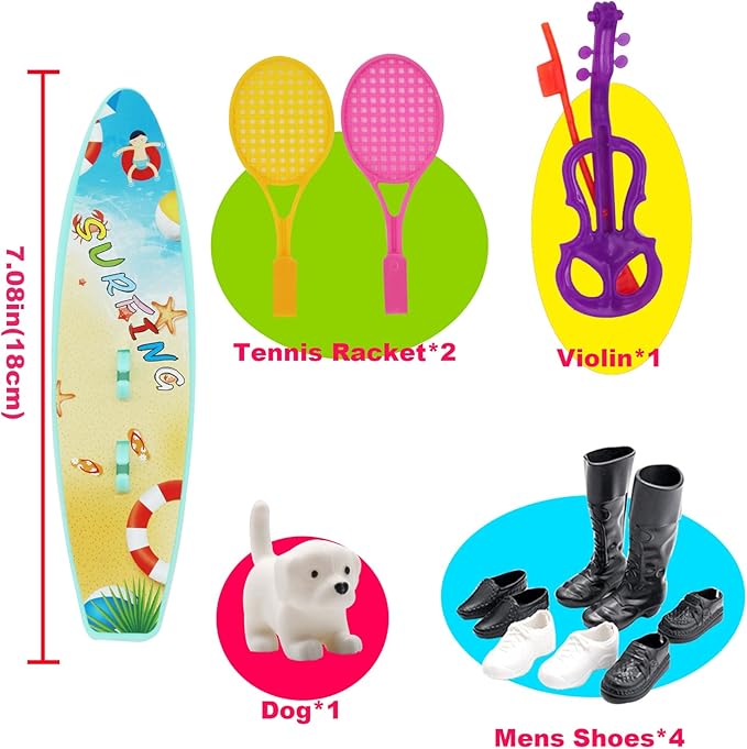 EuTengHao 25Pcs Doll Clothes and Accessories for 12 Inch Boy Dolls Includes 16 Different Wear Clothes Shirt Jeans Pants Shoes for 12'' Boyfriend Doll with Dog,2 Tennis Racket,Violin and Surfboard