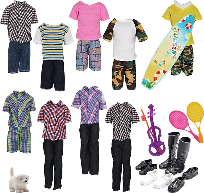 EuTengHao 25Pcs Doll Clothes and Accessories for 12 Inch Boy Dolls Includes 16 Different Wear Clothes Shirt Jeans Pants Shoes for 12'' Boyfriend Doll with Dog,2 Tennis Racket,Violin and Surfboard