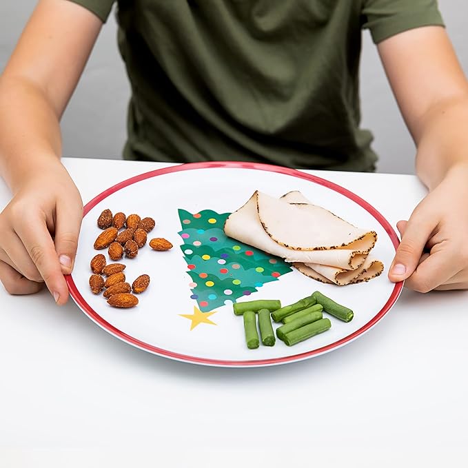 Tiny Expressions – Holiday Plates for Kids with Colorful Christmas Tree| Set of 4 Melamine Dishes for Children