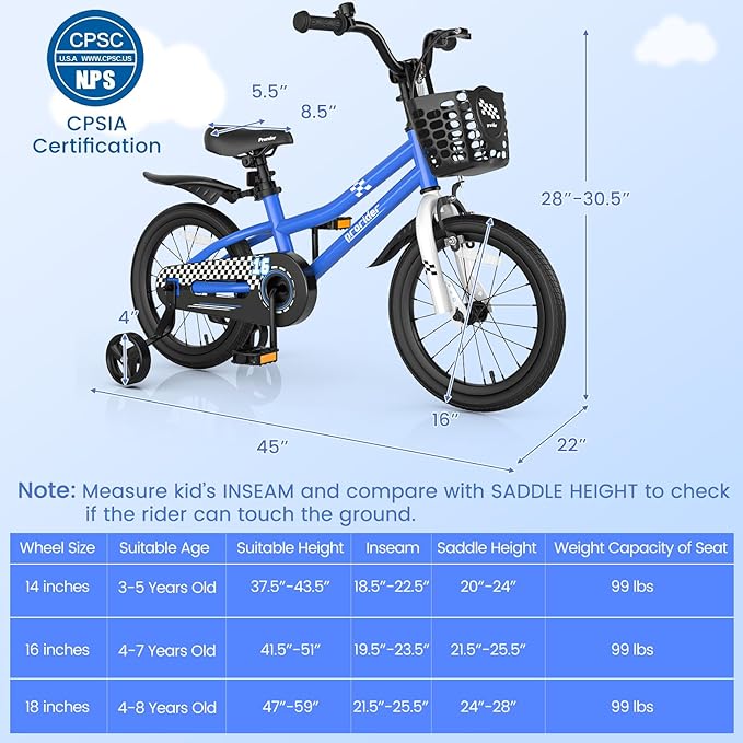BABY JOY Kids Bike, 12 14 16 18 Inch Children Bikes for Boys Girls Age 3-8 Years w/Training Wheels, Handbrake, Coaster Brake & Removable Basket, Kids Bicycle of Multiple Colors