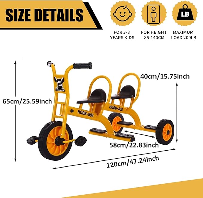 Kids Tricycle for Preschool Playground, Daycare Toddler Trike, Children Double Seat Bikes with Passenger Seat, Outdoor Playground Equipment, Toddler Tricycles for Riders Ages 3+