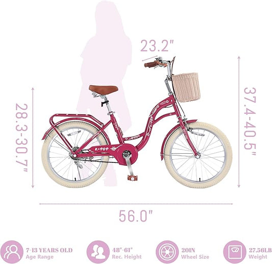 Girls Bikes Ages 8-12, 20 Inch Girls Bike Kids Bicycle with Basket, Lightweight Kids' Bicycles with Front and Rear Brakes, Cruiser Bike for Children, Multiple Colors