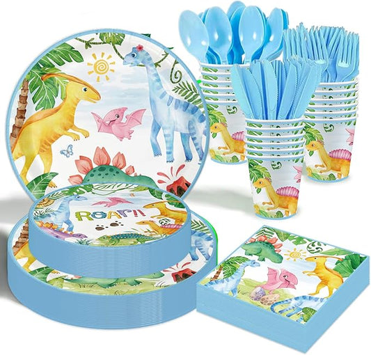 Dinosaur Birthday Party Supplies - 175PCS Dinosaur Themes Party Tableware Set, Bithday Disposable Paper Plates Cups and Napkins For Boys Kids Dinosaur Birthday Baby Shower Decorations, Serve 25