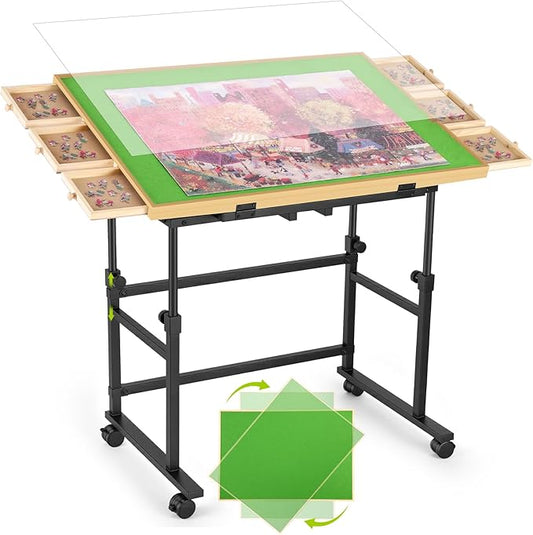 1500 Piece Jigsaw Puzzle Table with Metal Lazy Susan, Rotating Adjustable Height Puzzle Desk with Legs for Adults, 4-Tilting-Angle Portable Wooden Game Board with 6 Drawers & Cover