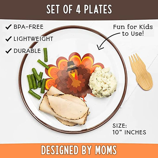 Tiny Expressions - Thanksgiving Plates for Kids - Set of 4 Melamine Thanksgiving Plates with Cute Turkey Designs for Children - Perfect for Holiday Meals and Celebrations