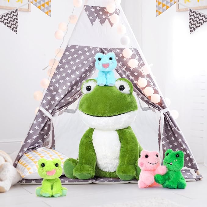 MorisMos Big Frog Stuffed Animal Plush Toys,Large Green Mommy Frog Toy and 4 Baby Toads for Kids,Cute Plush Toad Toys,Soft Green Stuffed Animals Gift for Girls Boys Christmas Baby Shower Birthday