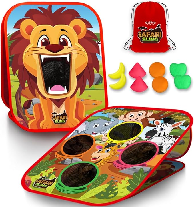 Swooc Games® - Safari Sling™ | 2-in-1 Bean Bag Toss Game for Kids | 5-Second Setup Kids Cornhole Game Set | Outdoor Toddler Activities | Backyard Party Games | Corn Hole Set Toddler Bean Bag Toss