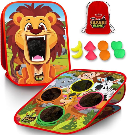Swooc Games® - Safari Sling™ | 2-in-1 Bean Bag Toss Game for Kids | 5-Second Setup Kids Cornhole Game Set | Outdoor Toddler Activities | Backyard Party Games | Corn Hole Set Toddler Bean Bag Toss